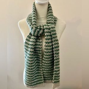 Hand knit cream and green scarf, in a 2 color moss stitch. Yarn is a wool blend.